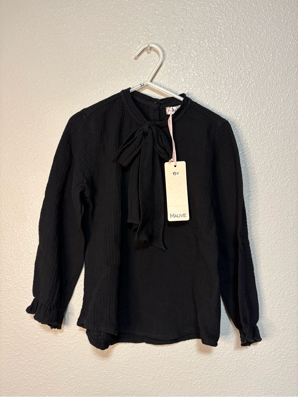 Mauve Girls Black Tie-Neck Blouse NWT size 6Y 100% Cotton